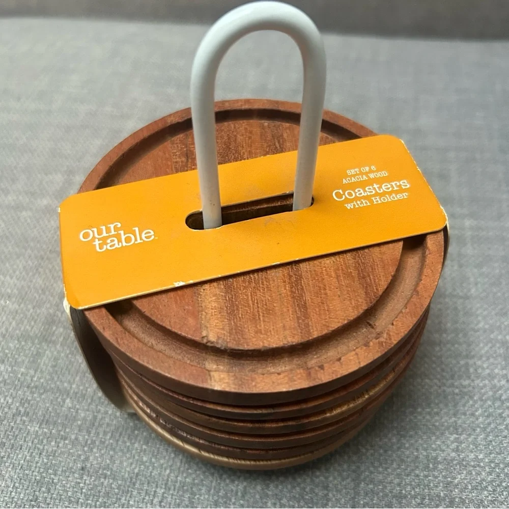 BED BATH & BEYOND Our Table 7-pcs Acacia Wood Coasters w/ Marble Holder#1210254